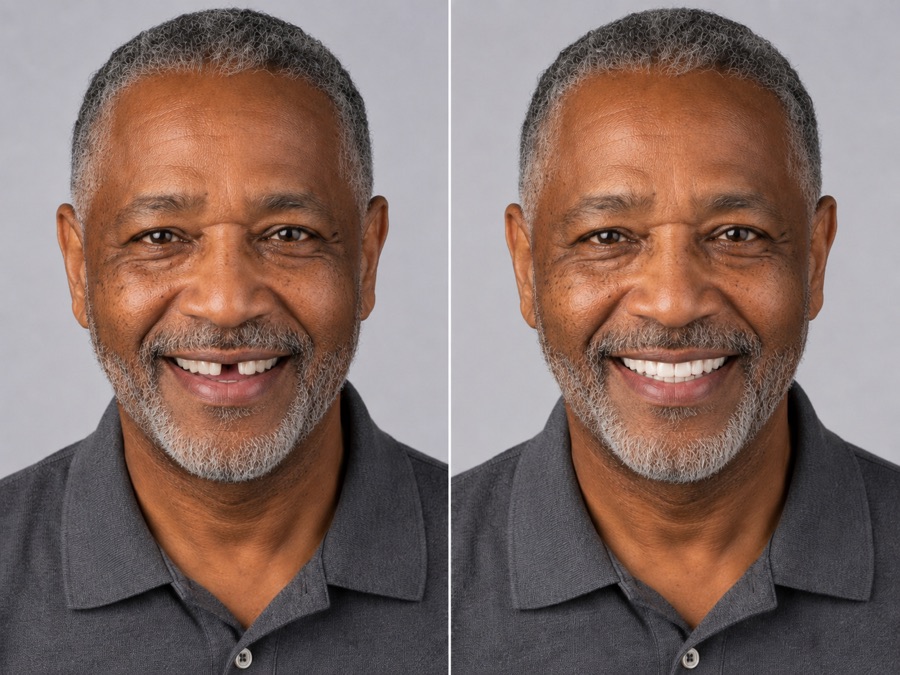 Antes e depois de implante unitário